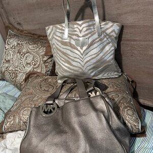 Michael Kors Silver leather bag and silver and tan tote.